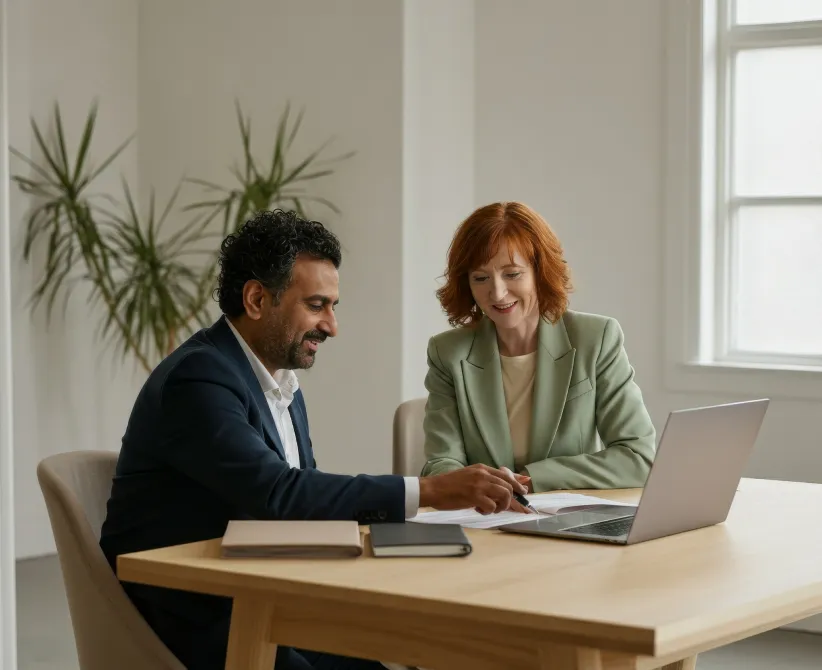 Advisor reviewing documents with a client at a bright office table