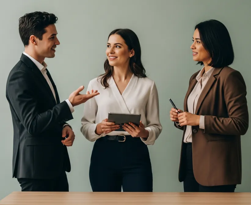 Three colleagues discussing plans around a tablet