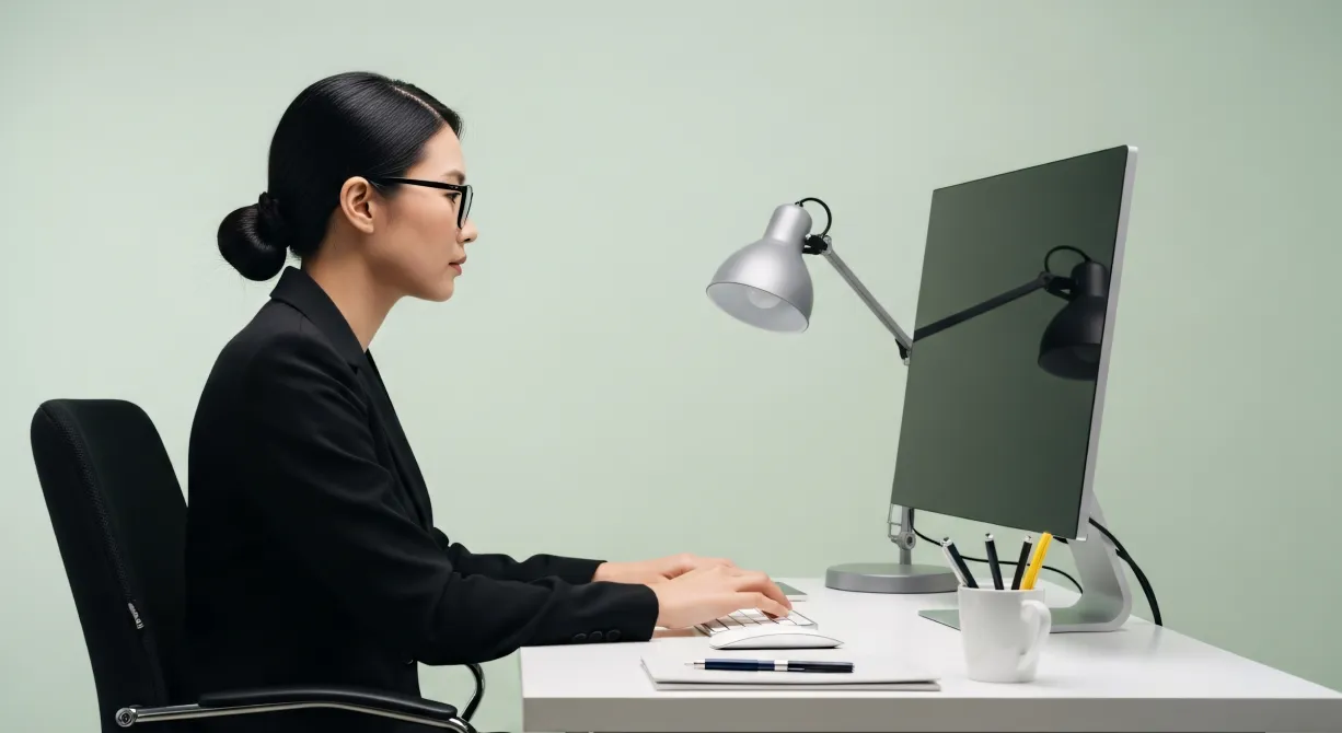 Professional working focused at a desk with a monitor and lamp