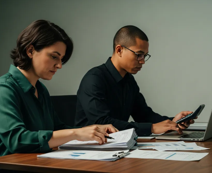 Two colleagues reviewing reports at a desk