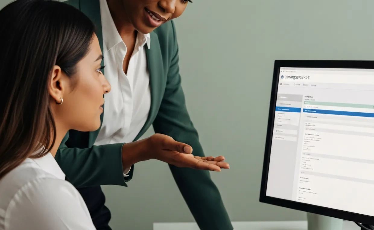Team lead mentoring a new hire at her computer