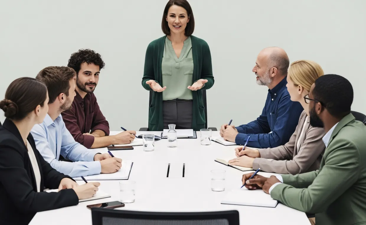 Manager briefing a team seated around a conference table