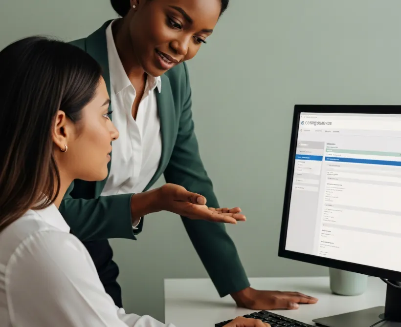 Team lead guiding a colleague through an interface on her computer