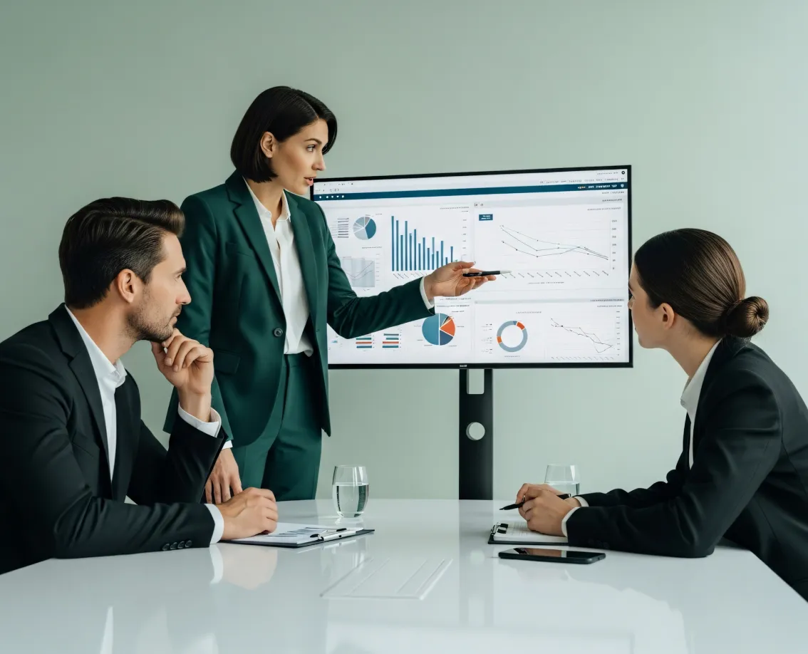 Consultant presenting hiring analytics on a large screen to two colleagues