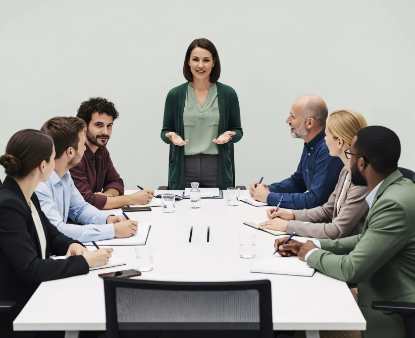 Manager briefing a team seated around a conference table