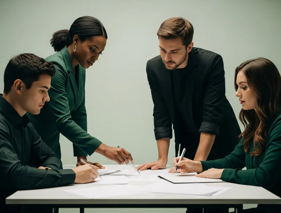 Team reviewing hiring process documents around a table