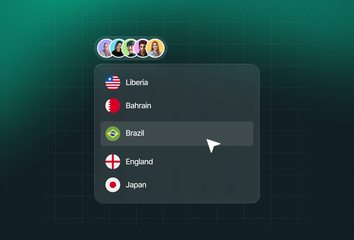 Global hiring panel with a team avatar row and a country list with Brazil selected